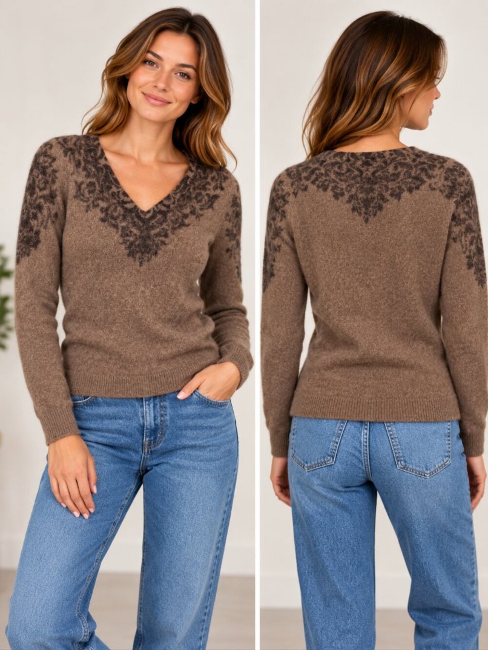 Sarah Spencer Angora Lambswool Floral Yoke V Neck Sweater Medium
